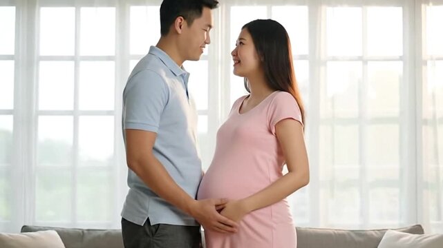 A man smiles touching the belly of a pregnant woman in a pink dress A window with light is behind them - Powered by Adobe