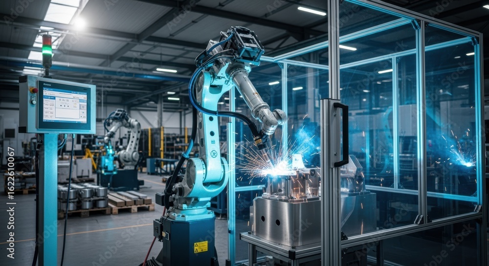 Poster advanced robotics in metal fabrication process with protective safety environment.