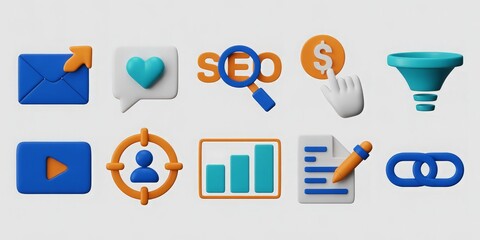 Set of 10 3D SEO and digital marketing icons on a white background, ideal for marketing agency websites and business presentations