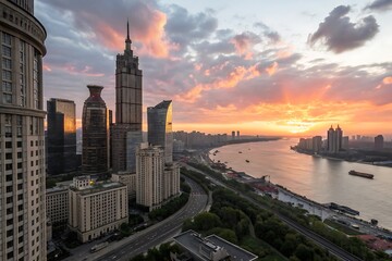 Obraz premium Majestic city skyline at dusk with vibrant sky cityscape sunset