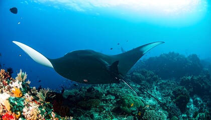 Majestic Manta Ray Glides Over Colorful Coral Reef in Deep Blue Ocean