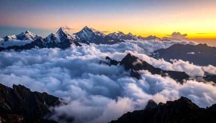 Majestic Mountain Peaks Rising Above a Sea of Clouds at Sunrise