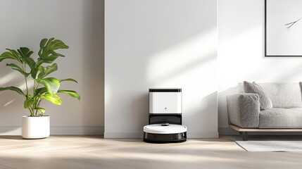 A highdetail cleaning robot docking at its charging station in a contemporary living room