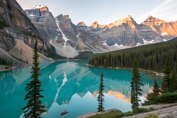Majestic mountain lake at dawn with turquoise water and pine forest alpine lake sunrise