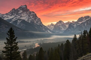 Majestic snow capped mountain range at sunset with vibrant sky peak