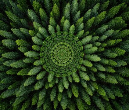 Forest mandala; vibrant green trees radiating outward - Powered by Adobe