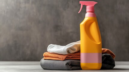 A laundry detergent bottle spilling onto a pile of dirty clothes, vibrant colors contrasting against muted tones