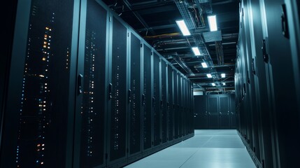 Modern Server Room Interior Featuring Computer Racks, Illuminated Panels, and Advanced Technology