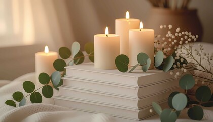 Scented glass candles on books with floral, soft lighting decor