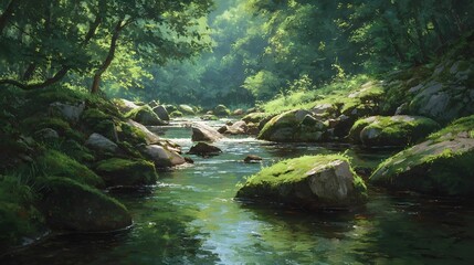 Lush greenery, serene stream, dappled sunlight, tranquil forest