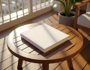 Minimalist white book mockup on wooden round table with sunlight