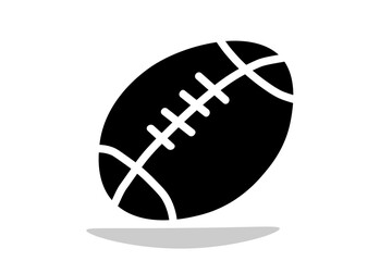 A minimalist, black and white icon of an American football. The oval shape of the ball is completely filled in black, with the characteristic white stitching and end seams.