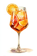 Lillet Spritz cocktail illustration with citrus slices and ice cubes in wine glass — refreshing watercolor artwork with orange tones, perfect for summer bar menus and beverage designs.