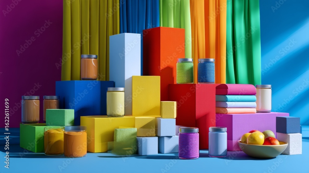Poster colorful abstract product boxes arranged in stacked rows vibrant geometric display packaging concept
