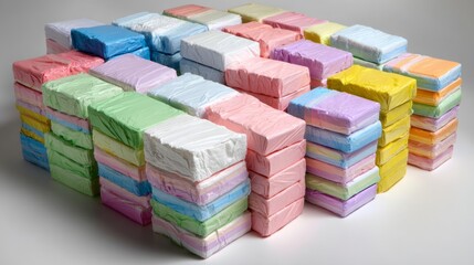 Obraz premium Colorful stacks of bar soap arranged on shelf clean product display hygiene background beauty packaging concept