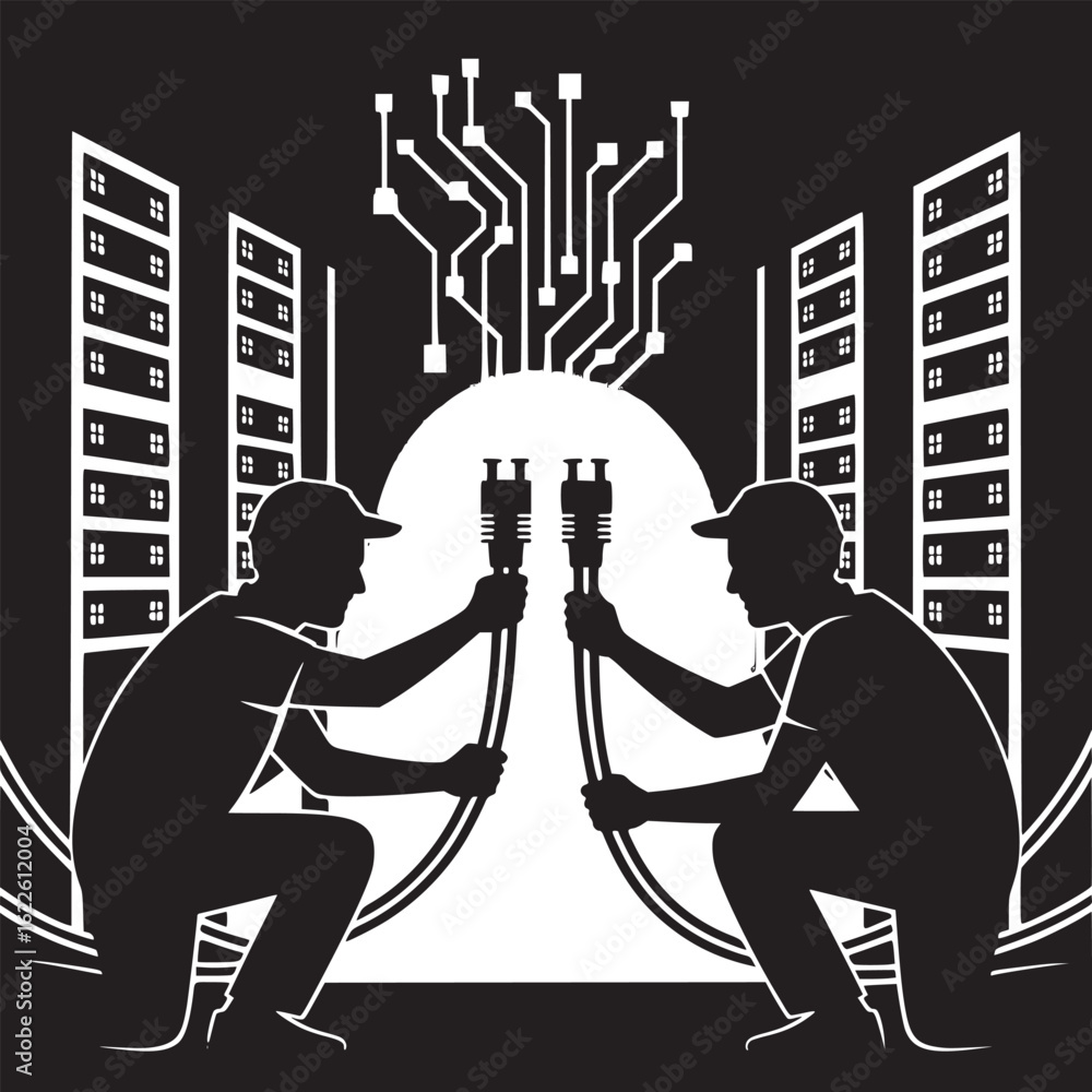Aufkleber two technicians connecting network cables in a city with digital network above them in black and whi