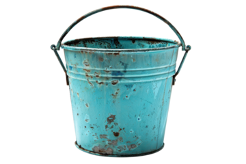 Weathered blue metal bucket with rust spots during a bright day