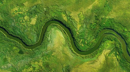 High-angle view of a winding river meandering through lush green vegetation