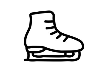 A simple, black and white line art illustration of a single ice skate. The skate is shown with a boot and a blade underneath, all outlined with thick black lines