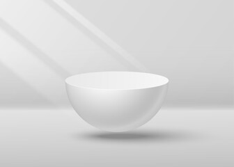 Hemisphere podium with shadow on light background illuminated by sun rays. Vector 3d illustration.