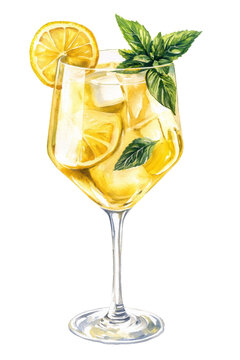Limoncello Spritz cocktail watercolor with lemon slices, mint leaves, and ice cubes in a wine glass. Fresh summer drink illustration in yellow tones, isolated on transparent background.