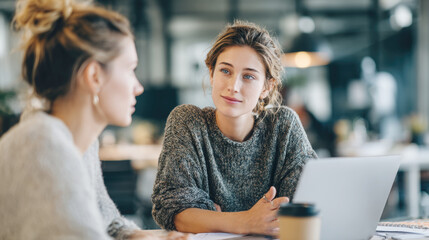 Two professional women are engaged in conversation while working together at shared desk. They are looking at each other, one is listening intently. Themes of collaboration, teamwork, office life