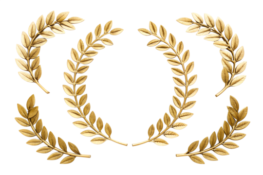 Four golden laurel wreaths arranged in a circular pattern on a transparent background. The design symbolizes victory and achievement.