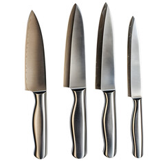 High-resolution product photo of a brushed steel ceramic knife set isolated on a seamless white background. No props. --s 250 --v 6.0