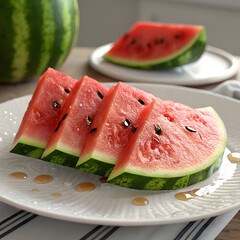 slices of juicy and tasty watermelon on a white plate