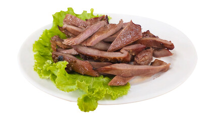Juicy grilled pork tongue, thinly sliced and served on a bed of fresh green lettuce on a white...