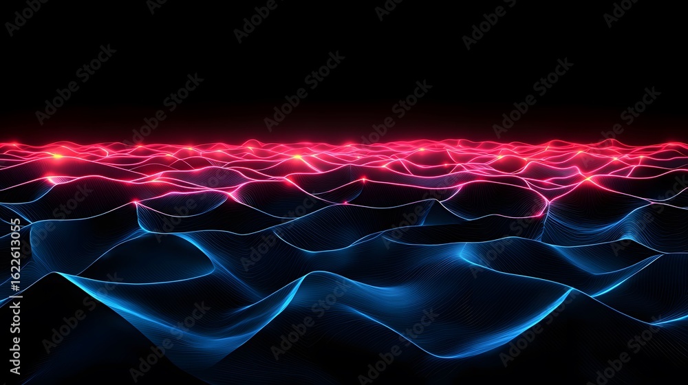 Poster the image shows an abstract landscape with red glowing lines on a higher plane and blue glowing line