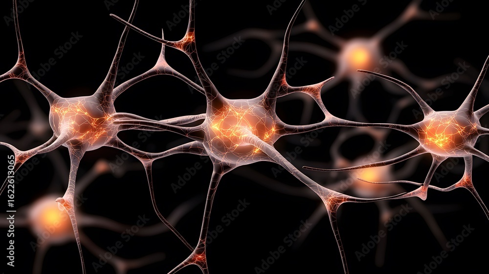 Poster the image showcases a detailed, artistic rendering of neurons against a stark black background, high