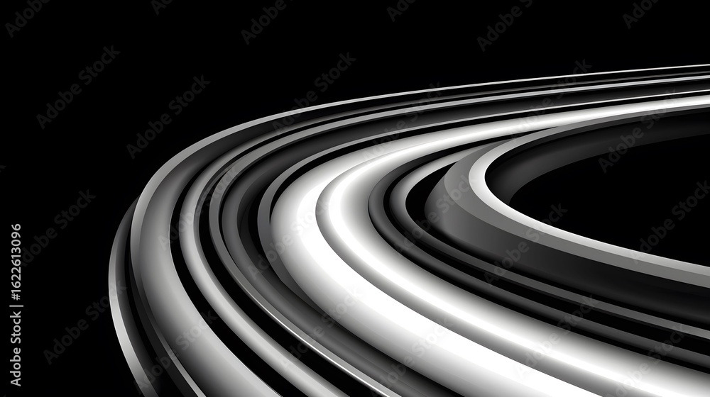 Poster the image has a monochromatic and captivating pattern of sleek, curved lines and bands in shades of 