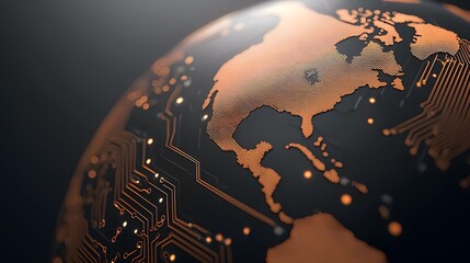 The image displays a technological globe, incorporating circuit board elements and a map design in a dark and copper-toned, abstract, modern representation.