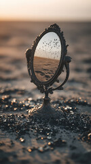 Mirror to the Sky Birds in Flight Reflected in an Antique Mirror on a Beach Landscape at Sunset