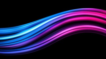 The image showcases vibrant, wavy ribbons in shades of blue, purple, and pink set against a stark black background, creating a stunning, dynamic abstract composition.