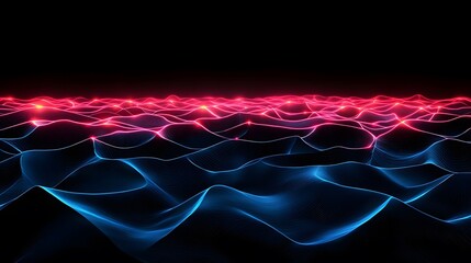 The image shows an abstract landscape with red glowing lines on a higher plane and blue glowing lines on a lower plane, against a dark background created with digital tools.