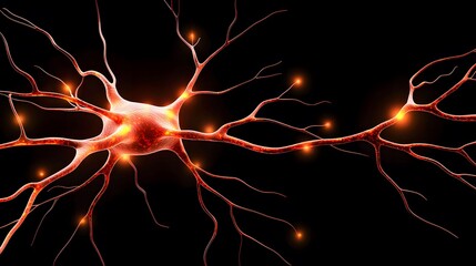 The image shows nerve cells on a black background, with orange-red color and bright spots, depicting the neurological system, nerve impulses, and neurons in a detailed manner.