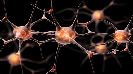 The image showcases a detailed, artistic rendering of neurons against a stark black background, highlighting their intricate branching structures and glowing centers.