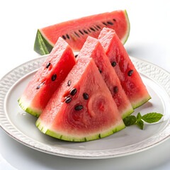 slices of juicy and tasty watermelon on a white plate