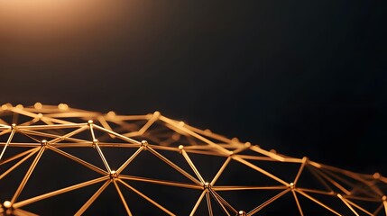 The image shows a close-up of a golden geometric structure made of connected nodes and lines, set against a dark, blurred background, suggesting technology or network concept.