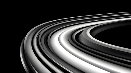 The image has a monochromatic and captivating pattern of sleek, curved lines and bands in shades of silver and gray, set against a deep, solid black backdrop.