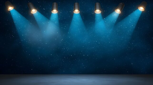 The image showcases vibrant beams of red, orange, yellow and green lights piercing through a dark backdrop, illuminating a reflective surface below like a dynamic stage display.