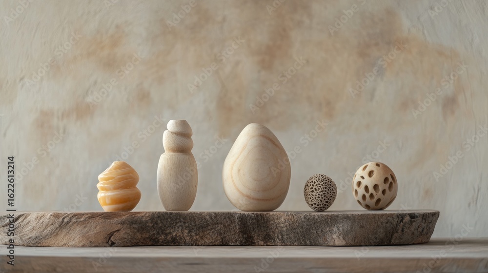 Poster minimal neutral shelf display with organic shapes and textured objects modern decor aesthetic backgr