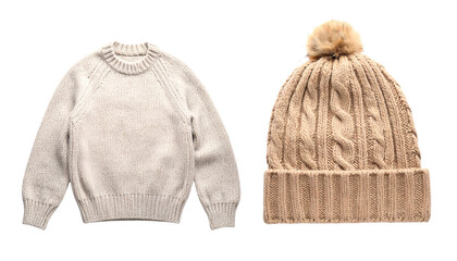 Knitted woolen hat with pom-pom and matching muffler, isolated on transparent background