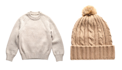 Knitted woolen hat with pom-pom and matching muffler, isolated on transparent background