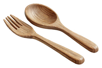 Wooden Cutlery Duo: This detailed image showcases a meticulously crafted wooden fork and spoon, inviting culinary appreciation and a touch of rustic charm. 