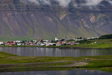 Kirkjufell town view with mountains, Iceland.