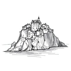 Coastal Village Sketch: A Hand-Drawn Illustration of a Picturesque Village Nestled Atop a Cliffside, Overlooking the Calm Waters.