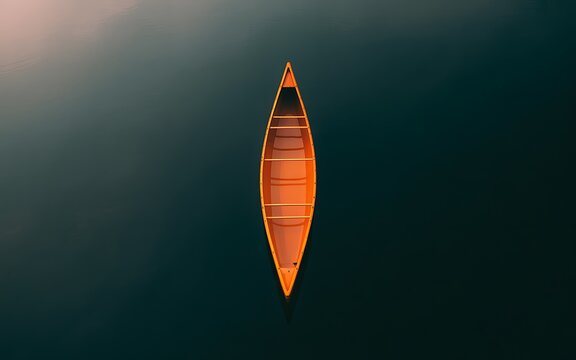 Aerial view of a wooden canoe floating on dark water with sunlight reflection